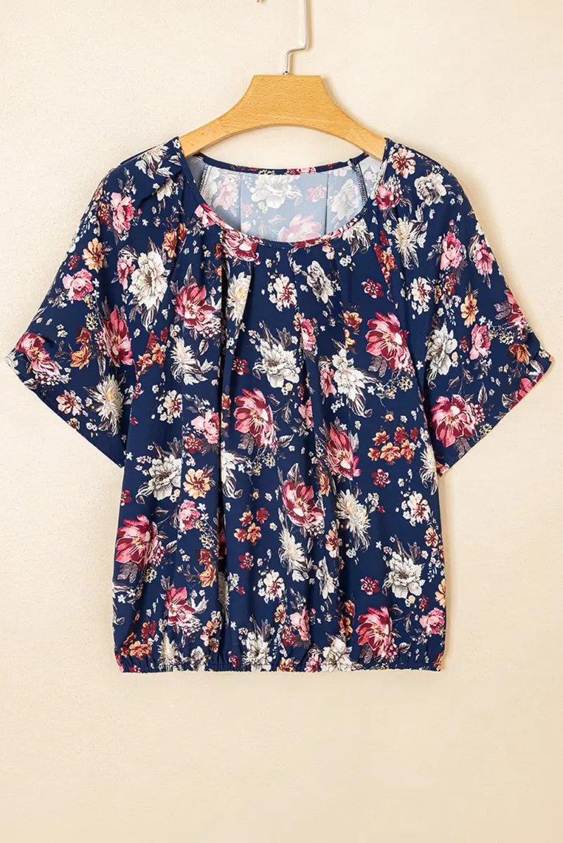Blue Floral Short Sleeve Scoop Neck Casual Blouse for Women - Love Salve